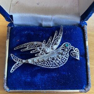 Vintage Sterling Silver Filigree Bird Brooch w/ Heart Charm & Green Enamel Eye